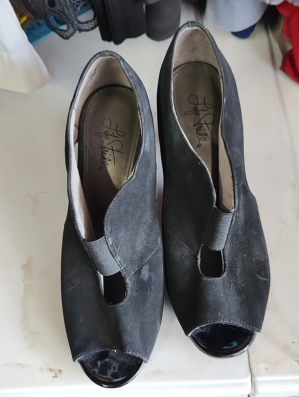 Life Stride Black Peep-Toe Slip-On Heels Suede Like